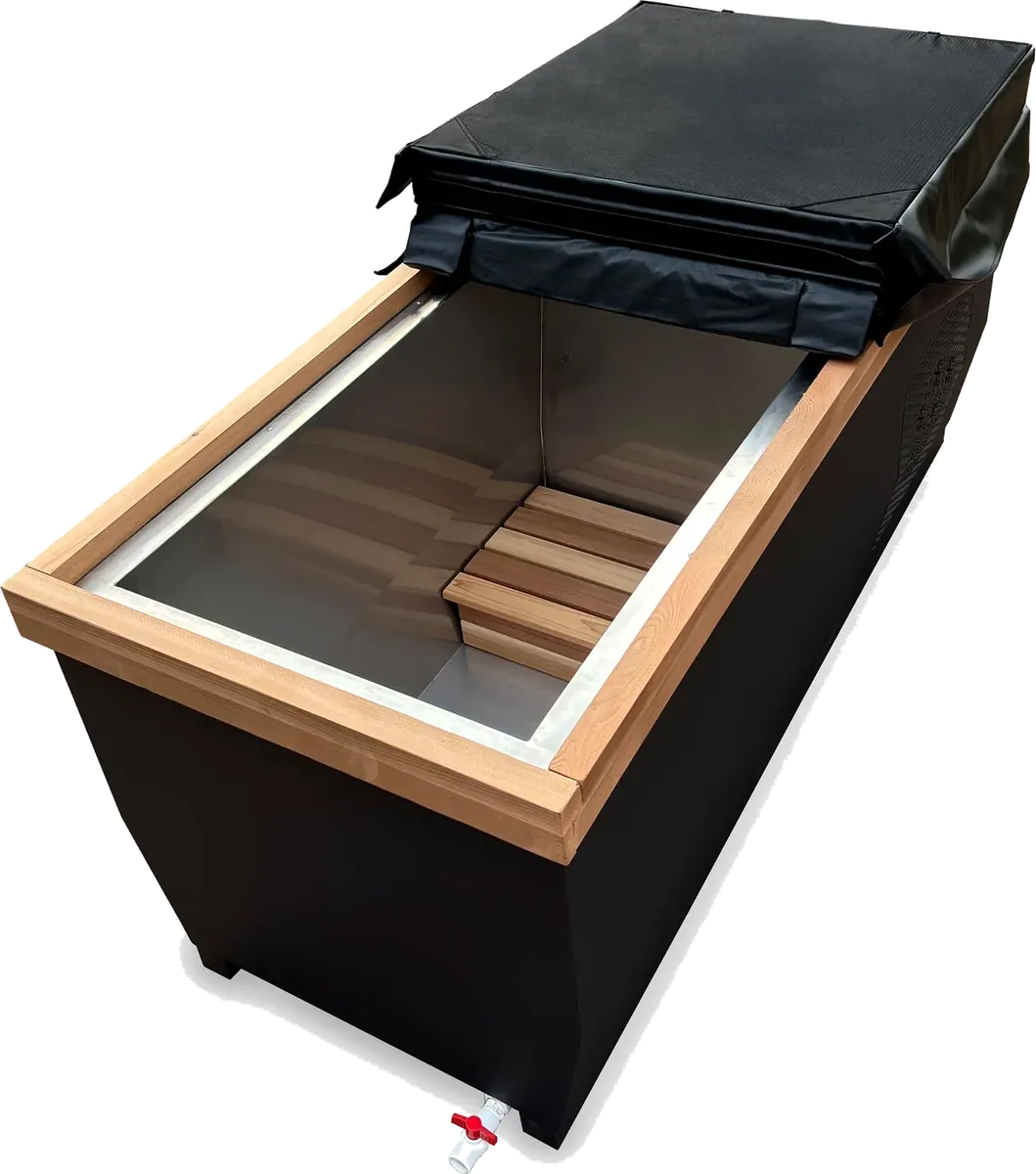 ICEMEND CA-02 commercial ice bath tub with cover, inner tub, step, and drain detail.